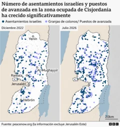 Mapa que muestra los asentamientos israelíes en la Cisjordania ocupada