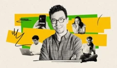 Luis von Ahn, l'un des fondateurs de Duolingo, dans un collage avec d'autres personnes derrière lui.