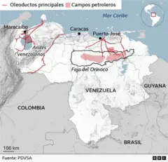 Mapa geográfico de Venezuela con los Andes Venezolanos señalados además de los principales yaciemientos petrolíferos.