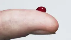 Gota de sangue no dedo de uma pessoa