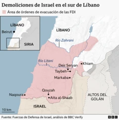 Mapa anotado que muestra la ubicación de siete pueblos y ciudades del sur del Líbano donde tuvieron lugar demoliciones israelíes.