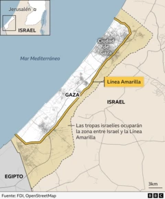 Map showing the Gaza Strip and the yellow border separating it from Israel
