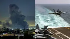 Aworan ilu Tehran ati eefin ikọlu to n ru niblẹ lalẹ ati baluu ogun kan to n ba sori ọkọ oju omi lagbami.