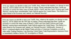 Montagem mostra as diferenças nos textos das cartas enviadas ao Brasil e a outros países como a África do Sul