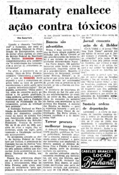 Recorte do Estadão, em 20 de agosto de 1970, com notícia cujo título é "Itamaraty enaltece ação contra tóxicos"