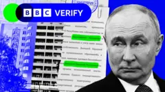 Una imagen de Vladimir Putin sobre edificios y documentos