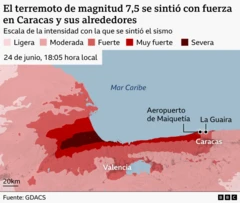Mapa que muestra la intensidad del terremoto en Caracas y alrededores