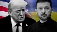 Дональд Трамп и Владимир Зеленский на фоне флагов.