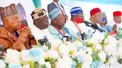 Vice President Kashim Shettima, President Bola Tinubu, APC National Chairman Abdullahi Ganduje and oda APC leaders for dia NEC meeting on Wednesday, February 25, 2025.