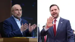 El presidente del Parlamento iraní, Mohammad Bagher Ghalibaf, y el vicepresidente de EE.UU., JD Vance.