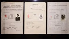 Tres documentos con fotos en blanco y negro que muestran pasaportes.