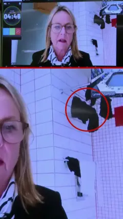 zena na zum sastanku u kupatilu