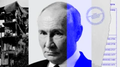 Коллаж с лицом Владимира Путина и штампом отдела документационного обеспечения и контроля на фоне разрушенного дома.