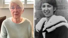 Pauline Collier on the left as an 80-year-old woman and on the right as a young woman in a black and white photo in what appears to be a graduation gown.