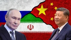 Ảnh thiết kế: Tổng thống Putin, Chủ tịch Tập Cận Bình trên nền cờ Nga, Trung Quốc và Iran