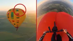 Dos imágenes en un montaje. A la izquierda, un globo. A la derecha, vista desde el manillar de la bicicleta que va en lo alto del globo