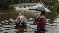 Двое людей по пояс в воде на затопленной улице