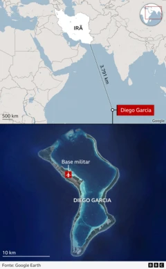 Mapa mostrando localização de Diego Garcia em relação ao Irã