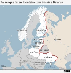 Um mapa mostrando os países que fazem fronteira com Rússia e Belarus, como Finlândia, Estônia e Polônia