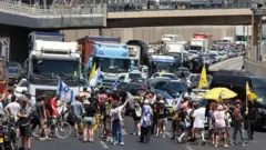 Демонстранттар жолдорду жаап, барымтадагыларды бошотууну жана согушту токтотууну талап кылышууда