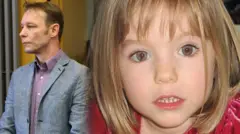 Коллаж: слева сидит мужчина в сером костюме и сиреневой рубашке, справа лицо девочки со светлыми волосами в красном платье. 