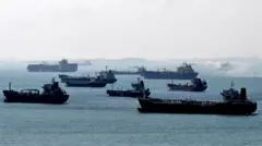 Buques fondeados en una bahía.