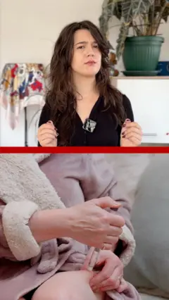 Na slici gore reporterka, na slici dole žena špricem ubrizgava peptid u nogu.