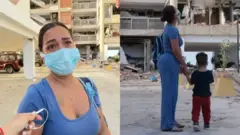 Dos fotos, en la de la izquierda se ve a Alexandra Gabino, con tapabocas y camisa azul. En la otra, se ve ella de cuerpo entero, de costado, sostiene la mano de su hijo pequeño, de espaldas. Están frente a las ruinas de un edificio.