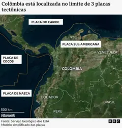 Mapa das placas tectônicas próximas da Colômbia.