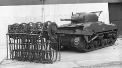 Tanques especializados conocidos como "Funnies", llevaban una estructura metálica en la parte delantera con cadenas, que servía para limpiar campos de minas