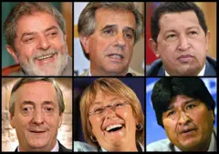 Montagem da esquerda para direita: Lula, presidente do Brasil; Tabaré Vázquez, do Uruguai; Hugo Chávez, da Venezuela; Néstor Kirchner, da Argentina; Michelle Bachelet, do Chile; e Evo Morales, da Bolívia.