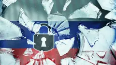 Разбитое стекло на переднем плане. За стеклом флаг с белой, синей и красной полосой. На флаге нарисован черный замок.