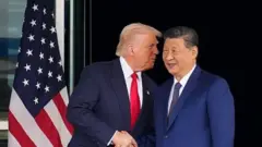 Трамп і Сі позують, тиснучи один одному руки. Трамп дивиться в камеру, Сі дивиться на Трампа.