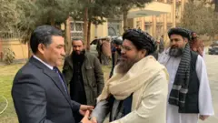 Данияр Амангелдиев менен Афганистандын тоо өнөр жай жана мунай министри Шахабуддин Делавар. Кабул, 25-январь 2024-ж.