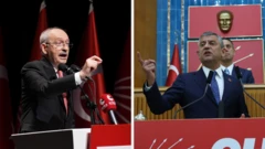 Kemal Kılıçdaroğlu ve Özgür Özel'in kürsüde konuşurken çekilmiş fotoğraflarından oluşan kolaj.
