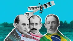 Ilustración con los hermanos Wright y Santos Dumont sobre paisaje con avión