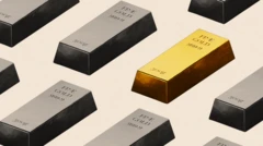 Оброблене зображення, на якому зображені прямокутні вироби з написом «чисте золото 999,9 проби». Одна з них підсвічена золотим кольором, а решта чорно-білі