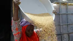 Woman holding a basket with wheat over her head