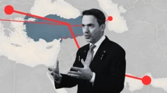 Türkiye Enerji ve Tabii Kaynaklar Bakanı Alparslan Bayraktar Alparslan Bayraktar önde. Arkada Türkiye ve komşu ülkeleri gösteren bir harita var. Haritanın üzerinde kırmızı çizgiler bulunuyor. 