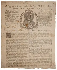 Página com texto da "carta celestial" e imagem de Jesus Cristo