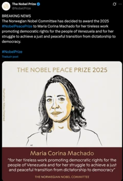 Postagem no X do prêmio nobel da paz para Maria Corina Machado