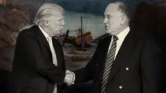 Рукостистання Дональда Трампа і Рональда Лаудера. Вони одягнені в офіційні костюми, з краватками. На задньому фоні колажу - одне з українських родовищ, де працює техніка. 