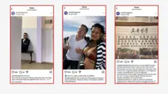 Tres publicaciones de Instagram que muestran a Zarubin en diferentes lugares. La de la izquierda lo muestra sentado en un banco junto a una columna dentro de un edificio. La publicación del medio lo muestra inclinado hacia una mujer que lleva ropa que deja al descubierto su abdomen. La publicación de la derecha muestra la portada de un periódico con fotos de varias personas, entre ellas Zarubin.