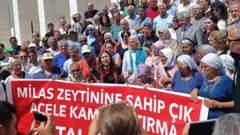 Esra Işık 22 Haziran'daki duruşma sonrası basın açıklaması yapıyor. Etrafında onlarca insan görülüyor. "Milas zeytinine sahip çık" pankartı taşınıyor.