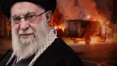 аятолла на фоне горящего автомобиля