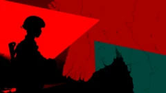 Image of soldier with red filter and map of Myanmar in the background