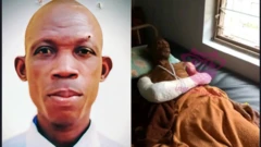 Ọ̀gbẹ́ni Adegoke Fatai nígbà tó wà lórí ibùsùn ní ilé ìwòsàn tí wọ́n fi aṣọ wé ní apá