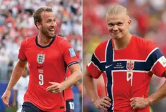 Ce montage de photos, réalisé le 10 juillet 2026, montre l'attaquant anglais Harry Kane (n° 9) au stade de New York/New Jersey à East Rutherford, le 27 juin 2026, et l'attaquant norvégien Erling Braut Haaland (n° 9) au même stade, le 5 juillet 2026.