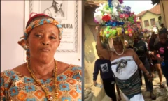 Kabirat Ayinla Omowura wọ aṣọ léèsì níbi àwòrán apá ọ̀tún, tó sì wọ aṣọ funfun pẹ̀lú igba lórí 