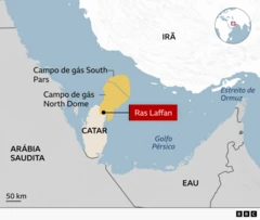 Mapa mostra o golfo Pérsico e a localização dos campos de gás South Pars e North Dome, compartilhados por Irã e Catar